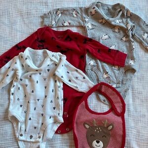Christmas Winter Baby Bodysuits and Bib Set 3 months - Red, Gray, White